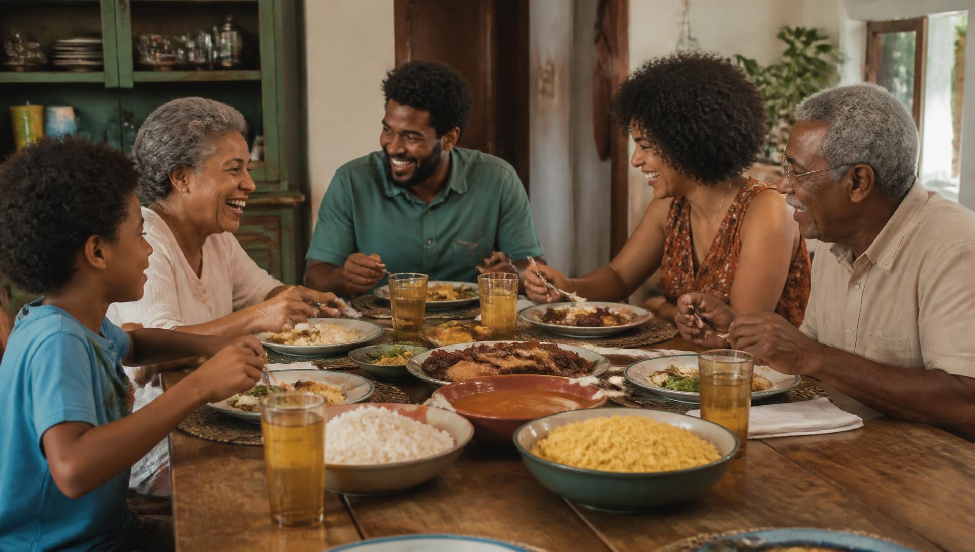 Família reunida à mesa compartilhando uma refeição temperada com produtos Cáli
